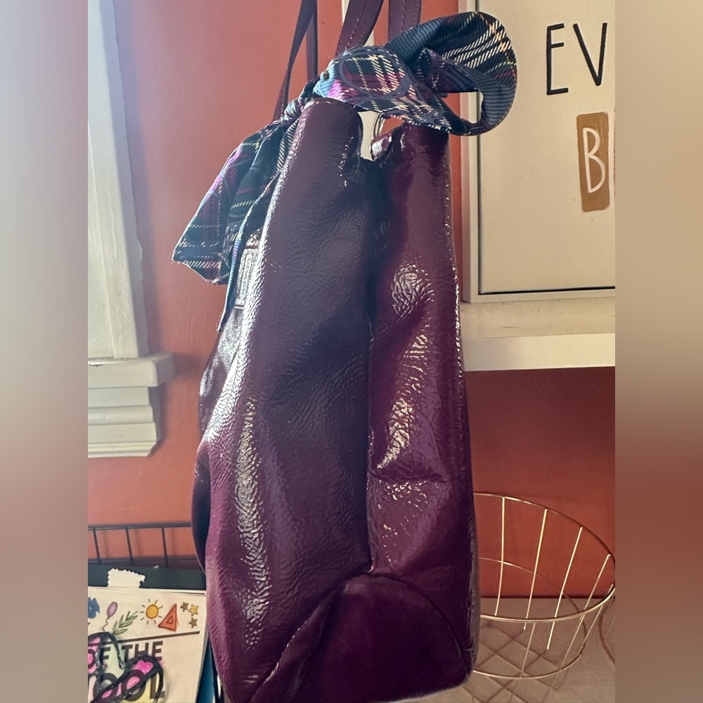 Coach Purple Leather Shoulder Bag with Plaid Accent Scarf - Picture 7 of 13